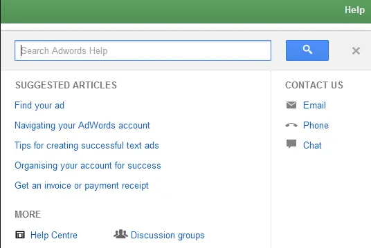 Screenshot of Google Adwords help search bar