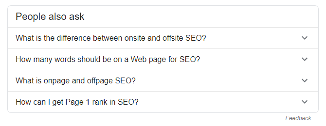 A screenshot of the 'people always ask' section of the google SERP for the keyword 'On-site SEO'