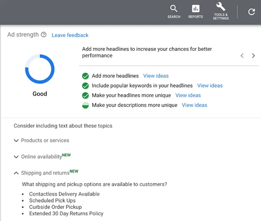 New Google RSA ad copy suggestions