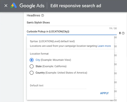 Google ads location insertion