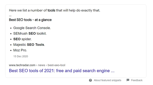 Example of a featured snippet in the serps