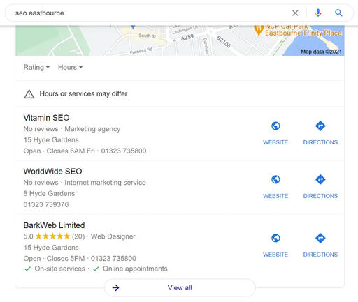 Example of local pack results for local seo