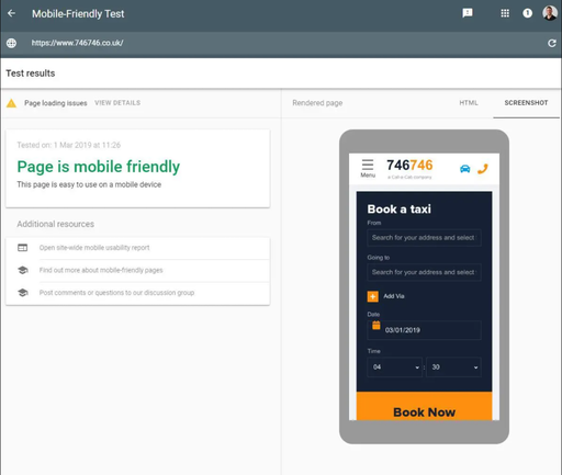 Screenshot of Google's mobile friendly test tool