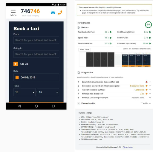 A screenshot of Lighthouse being used on 746746 taxi site