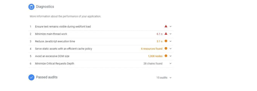 Screenshot of page speed diagnostics