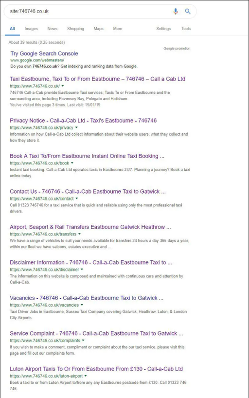 A screenshot of search results of site:746746.co.uk