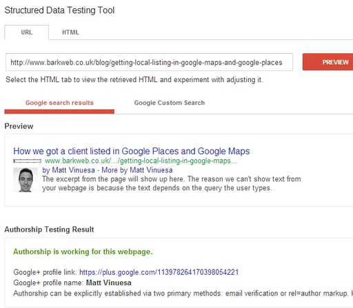 Google Authorship structured data testing tool